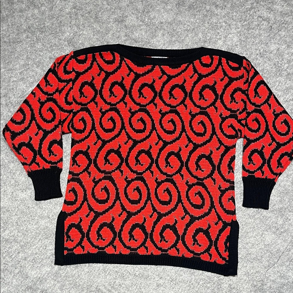 Vintage 1980’s Boatneck Red Black and Metallic Spiral Sweater